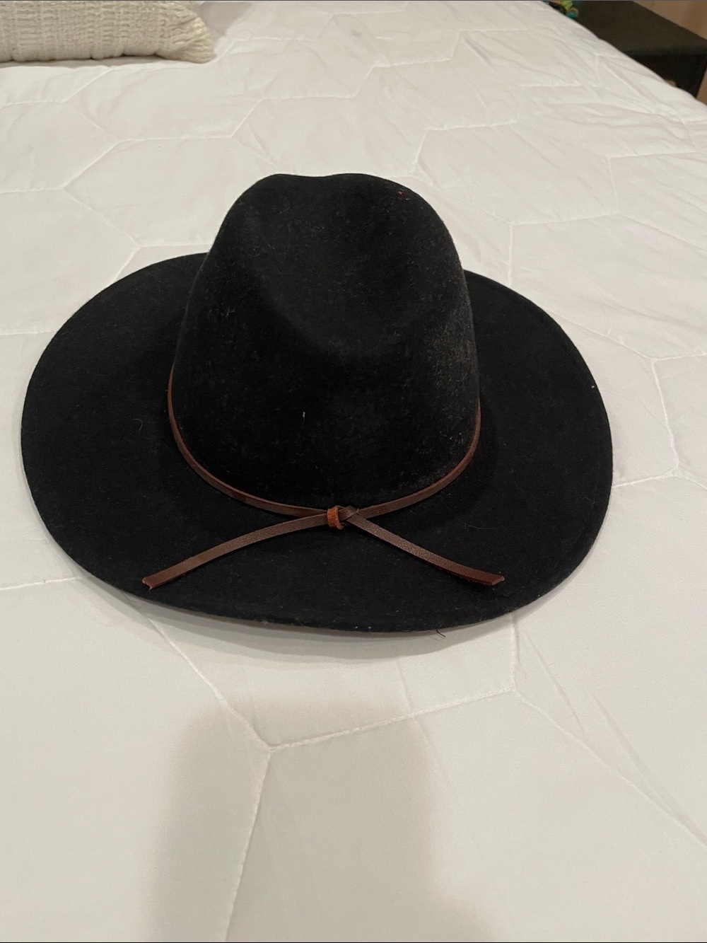 Urban Outfitters Black Wide-Brim Hat with Brown Leather Tie